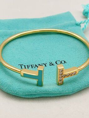 🥁Tiffany & Co. Golden Half-Brown-Half-Diamond Double-T Bracelet
